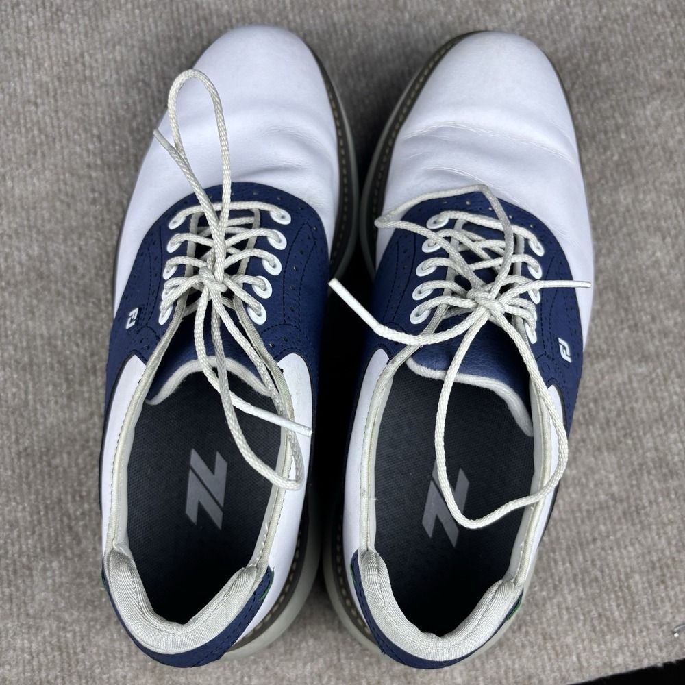 FootJoy FJ Golf Shoes Mens 8.5 M White Blue Leather Saddle Spikes Cleats - Picture 8 of 10